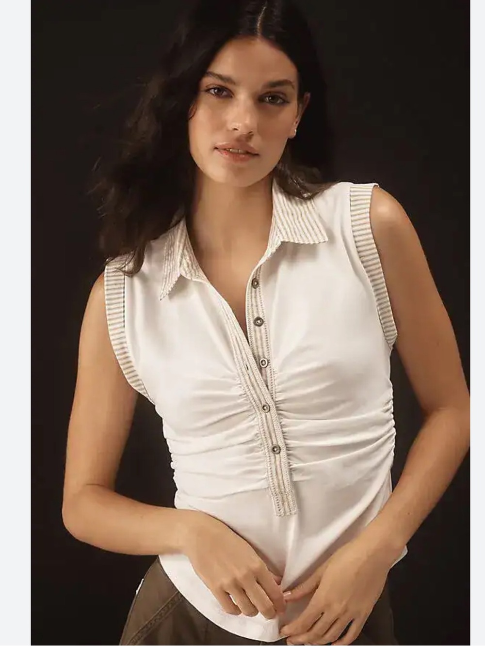 Pilcro White Ruched Polo Tank with Striped Trim